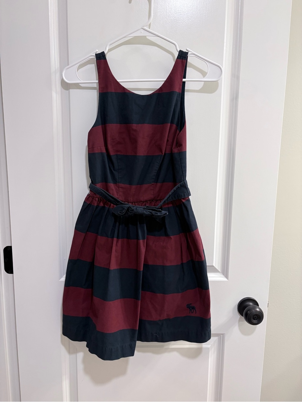 A&F Y2K Navy and Burgundy Striped Dress with Bow